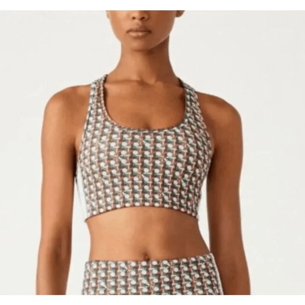 Tory Burch Sport Logo Printed Side Stripe‎ Racerback Bra Gray Green Size Small